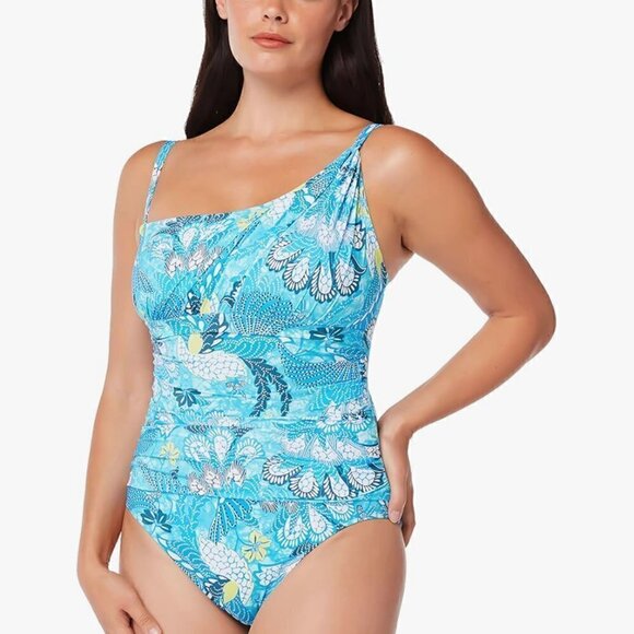 New! Bleu Rod Beattie One Shoulder Shirred Swimsuit Animal Party Print - Picture 5 of 7